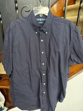 Large Ralph Lauren Navy and White Micro-Check Button-Down Short Sleeve Shirt